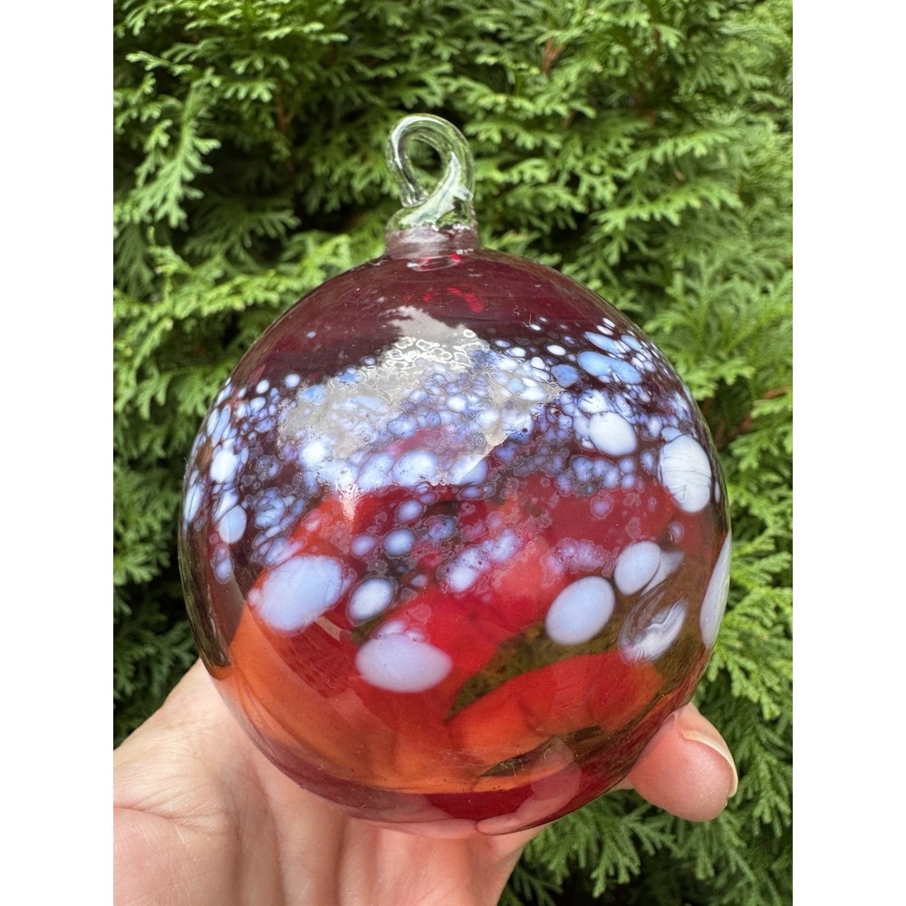 Hand-Blown Art Glass Ornament Red‎ With Blue & White Spots